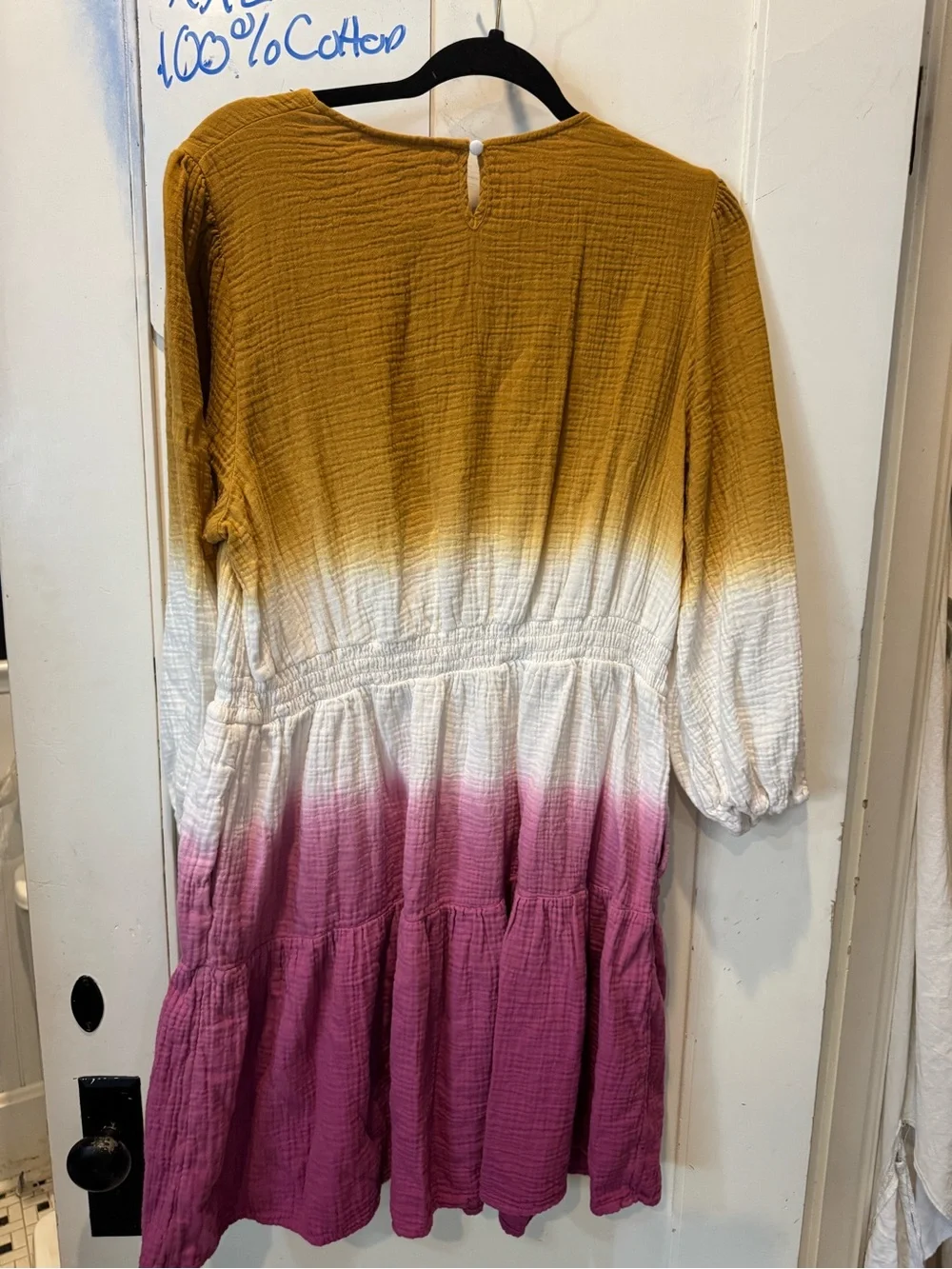 100% Cotton UT Mustard, White & Pink Ombre Long Sleeve Tiered Dress